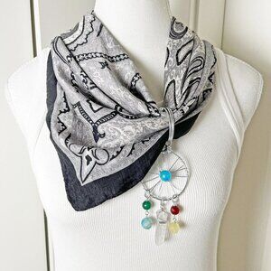 One-of Black & White Silk Bandanna w/ Gemstone Dreamcatcher Pendant Necklace Set